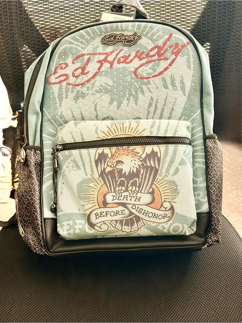 NWT Ed Hardy Death Before Dishonor Denim Backpack Y2K